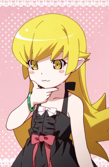 OshinoShinobu. 1girl, long hair, blonde hair, yellow eyes, short pointy ears, blush stickers, black dress, pink bow, standing, portrait, :3, hand on chin, perfect hands, bracelet, bedroom background