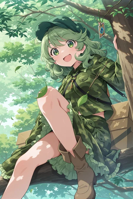 absurdres, highres, masterpiece, best quality, amazing quality, official anime artwork, screencap, anime screencap, outdoors, looking at viewer, smile, open mouth, dynamic pose, 
<lora:Takane-Yamashiro_Illustrious:1> yamashiro takane, 1girl, solo, green eyes, green hair, medium hair,, aqua hat, flat cap, key, green shirt, camouflage shirt, long sleeves, pocket, green skirt, camouflage skirt, frilled skirt, brown boots, shoulder strap, box,  holding card,
from below, on a tree, sitting, branch, leaf,