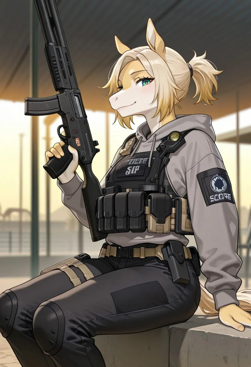 score_9, score_8_up, score_7_up, score_6_up, score_5_up, score_4_up, 2d, flat_colors, upper_body, portrait, female, furry, (horse:1), (blonde fur, blonde body), (((hoodie, gray hoodie))), ((Black pants, Jeans, kneepads)) ((tactical gear:1.5)) ((tactical:1.5)) (tactical armor:1) ((plate carrier vest)) (((tactical vest))), (((tactical utility belt))), holding ranged weapon, ((Shotgun)), ((smile)), cinematic, Green_eyes, solo, detailed_fur, body_fur, ((detailed background, dilapidated park)), B2B style, Bad2Bad style, masterpiece, best quality, amazing quality, very aesthetic, high resolution, ultra-detailed, absurdres, newest, scenery, sitting, looking at viewer, depth of field details, volumetric lighting, short hair, ponytail