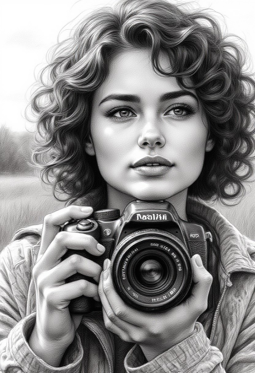 Pencil drawing, black and white, pencil strokes, 
A black and white pencil sketch style, line art drawing dark, A black and white pencil sketch style,  
  A close-up of a woman holding a camera, with her face partially obscured by the lens. The lighting is soft and natural, highlighting the details of her features and the texture of her hair. She has a thoughtful expression, suggesting she is focused on capturing the perfect shot. The woman is wearing a patterned jacket, which adds a touch of style to the scene. The background is blurred, drawing attention to the woman and the camera. The overall mood of the image is one of concentration and creativity, capturing a moment of artistic expression. The combination of the woman's pose, the camera, and the soft lighting creates a visually appealing and memorable photograph.