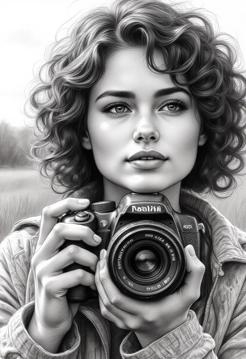 Pencil drawing, black and white, pencil strokes,
A black and white pencil sketch style, line art drawing dark, A black and white pencil sketch style,
A close-up of a woman holding a camera, with her face partially obscured by the lens. The lighting is soft and natural, highlighting the details of her features and the texture of her hair. She has a thoughtful expression, suggesting she is focused on capturing the perfect shot. The woman is wearing a patterned jacket, which adds a touch of style to the scene. The background is blurred, drawing attention to the woman and the camera. The overall mood of the image is one of concentration and creativity, capturing a moment of artistic expression. The combination of the woman's pose, the camera, and the soft lighting creates a visually appealing and memorable photograph.