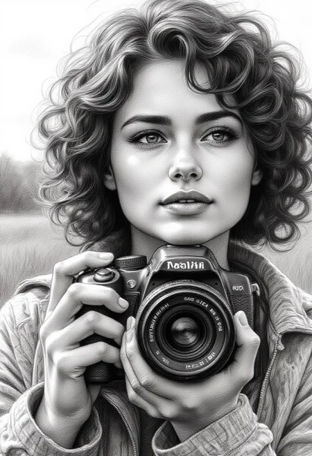 Pencil drawing, black and white, pencil strokes, 
A black and white pencil sketch style, line art drawing dark, A black and white pencil sketch style,  
  A close-up of a woman holding a camera, with her face partially obscured by the lens. The lighting is soft and natural, highlighting the details of her features and the texture of her hair. She has a thoughtful expression, suggesting she is focused on capturing the perfect shot. The woman is wearing a patterned jacket, which adds a touch of style to the scene. The background is blurred, drawing attention to the woman and the camera. The overall mood of the image is one of concentration and creativity, capturing a moment of artistic expression. The combination of the woman's pose, the camera, and the soft lighting creates a visually appealing and memorable photograph.