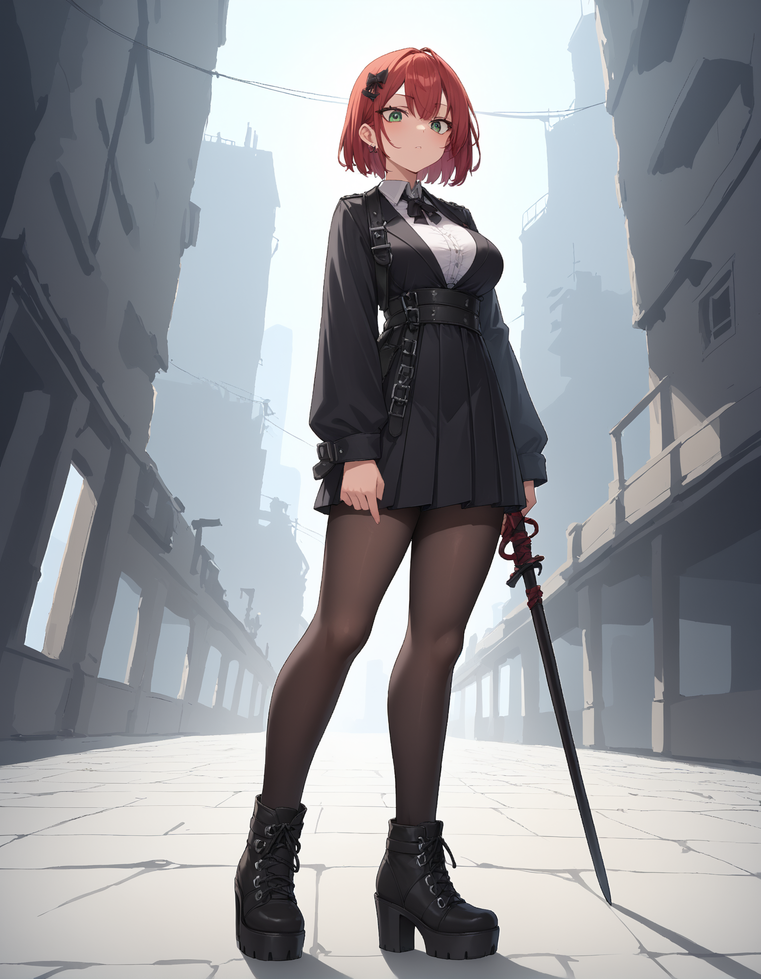 score_9, score_8_up, score_7_up, score_6_up, source_anime,
1girl, goth, 
wide angle, full body,
standing,
battlefield, horror asthetic,
looking down,
red hair, large breasts,
sh1tk1cker shoes,
embedding:zPDXLrl ,
embedding:zPDXL2 ,