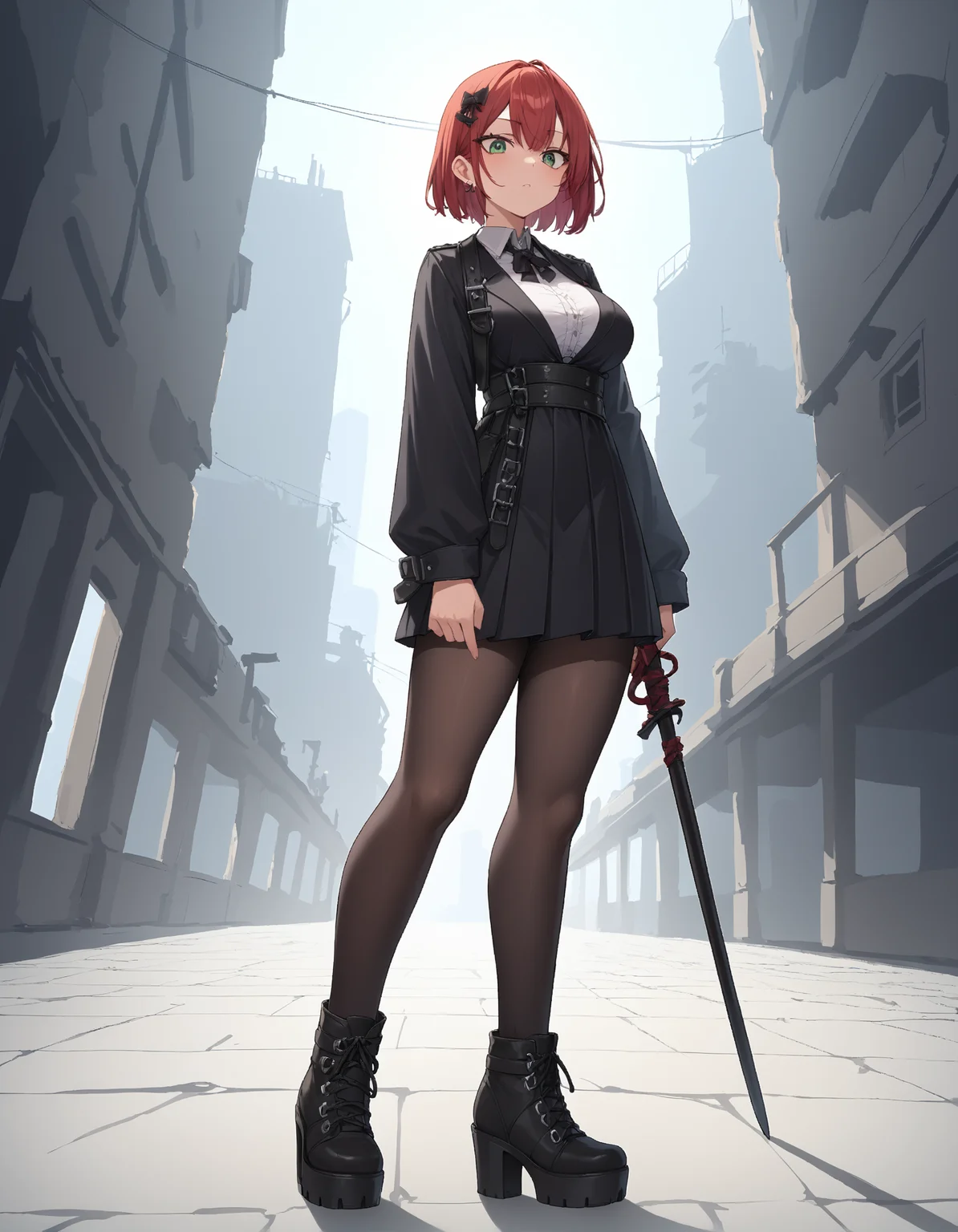 score_9, score_8_up, score_7_up, score_6_up, source_anime,
1girl, goth, 
wide angle, full body,
standing,
battlefield, horror asthetic,
looking down,
red hair, large breasts,
sh1tk1cker shoes,
embedding:zPDXLrl ,
embedding:zPDXL2 ,
