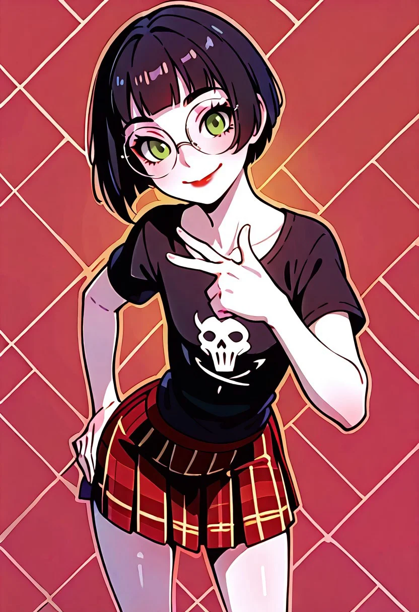 masterpiece, best quality, 32k, high resolution, absurdres, Polly, PollyRH, short hair, bobcut, black hair, bangs, green eyes, small breasts, almost flat chest, slim, pale skin, big round eyeglasses, clear eyeglasses lenses, red lipgloss, black t-shirt, red tartan skirt, smiling, closed mouth, bent over, v gesture , dynamic pose, perspective, red tartan background, aesthetic, shadow