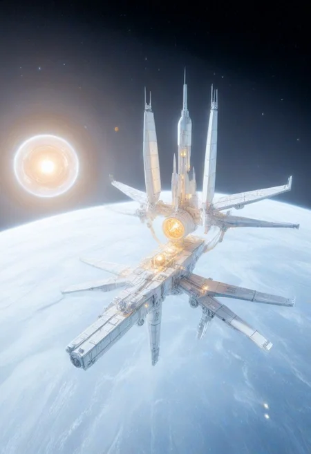 h0rr0rstyl3, CosmicStyle, high-contrast starlight shot, expeditionary scientific cruisers in synchronized orbit around a gas giant, golden illumination from nearby sun reflecting off sensor dishes, modular hull design with telescoping arms, ice-mining drones detached and descending into planetary rings, detailed scientific payload containers, warm cockpit glow visible through reinforced glass domes, ultradetailed ship schematics, smooth white and silver color scheme, exploratory symbols painted on wings, serenity meets cutting-edge exploration, peaceful future-tech vision, contemplative sci-fi scene, vast sense of scale