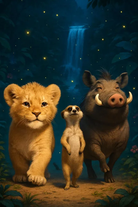 Generate me a cute fluffy lion cub, next to a meerkat and a  cute, fat warthog walking with their chests puffed out in a confident strut. In the background is a nighttime jungle setting with a waterfall, colorful flowers and fireflies. fluffy, realistic, 8k, uhd, high quality, depth of field,