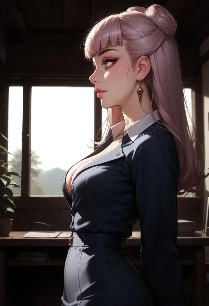 masterpiece, best quality, very aesthetic, score_9, score_8_up, score_7_up, score_6_up BREAK,
aanix_evelynn, realistic skin, ultra realistic sharp skin, quad hd, raytracing, ambient occlusion, shaft of light, blurred background, chromatic aberration, side view, slender waist,
Sunlight falls through the windows, creating a soft, pastel-colored, vintage-style atmosphere. good lighting, well lit room,office suit,cleavage