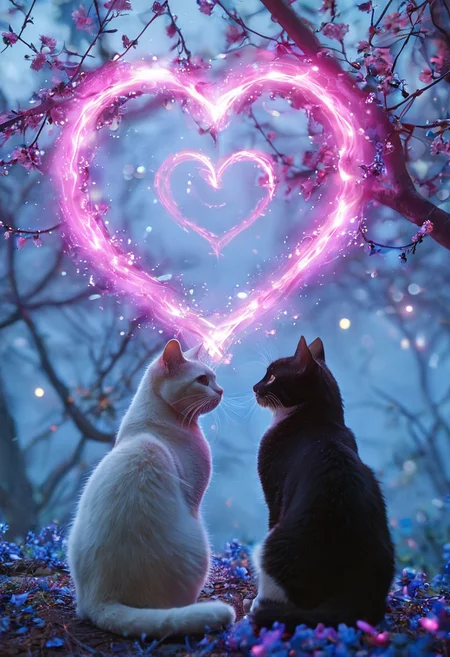 photograph of two cats sitting on a tree branch, facing each other in an intimate and harmonious pose. The left cat is black, while the right cat is white, creating a striking contrast. They are surrounded by delicate, blooming branches with small flowers, adding a serene and romantic atmosphere. The background is softly blurred, focusing the viewer's attention on the cats and their interaction. The lighting is soft, emphasizing the texture of their fur and the gentle ambiance of the scene. <lora:Anime v1.3:1.2> <lora:Blue_Future:0.9> <lora:Ethereal Brush Anime v2.0:0.6> <lora:It's a LoRA for portraits, BUT! actually specialized in backgrounds. v1.0:0.2>,pink heart in front of them, ethereal glowing swirls, mystical light particles, dreamy atmosphere, vibrant neon mist, twilight city street, hyper-detailed fabric texture, soft illuminated fog, cinematic soft lighting, glowing blue and magenta hues, fantasy realism, enchanted night
