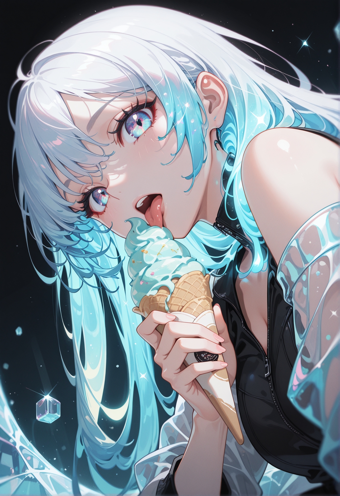 <lora:ck-yoneyama-mai-IL-000014:1>, masterpiece, best quality, good quality, very aesthetic, absurdres, newest, 8K, depth of field, focused subject, 
close up, dynamic angle, dutch angle, wabi sabi, woman, licking ice cream, holographic ice cream, holofoil glitter ice cream, faint, glowing, ethereal, neon hair, glowing hair, long hair, looking at viewer,
ckym, in the style of ckym,