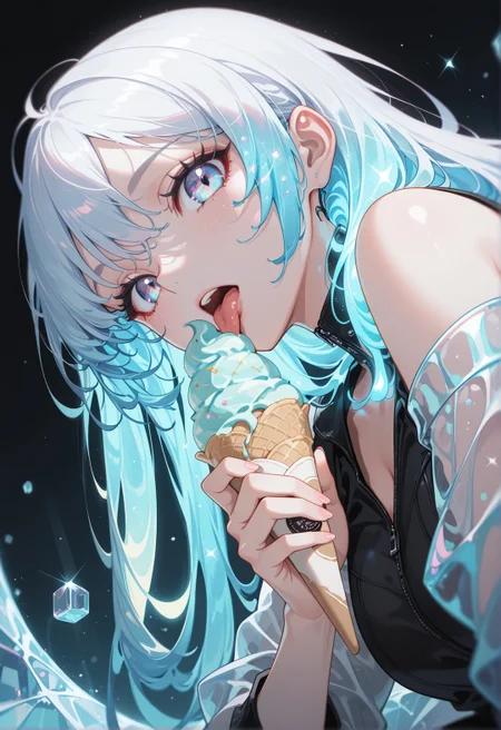 <lora:ck-yoneyama-mai-IL-000014:1>, masterpiece, best quality, good quality, very aesthetic, absurdres, newest, 8K, depth of field, focused subject, 
close up, dynamic angle, dutch angle, wabi sabi, woman, licking ice cream, holographic ice cream, holofoil glitter ice cream, faint, glowing, ethereal, neon hair, glowing hair, long hair, looking at viewer,
ckym, in the style of ckym,