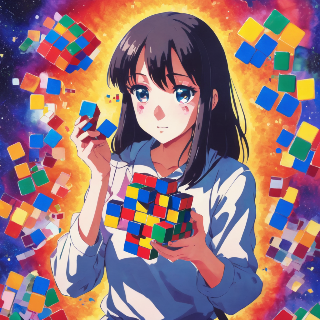 <lora:4l1y:0.8>4l1y anime girl holding a rubiks cube dissolving into space