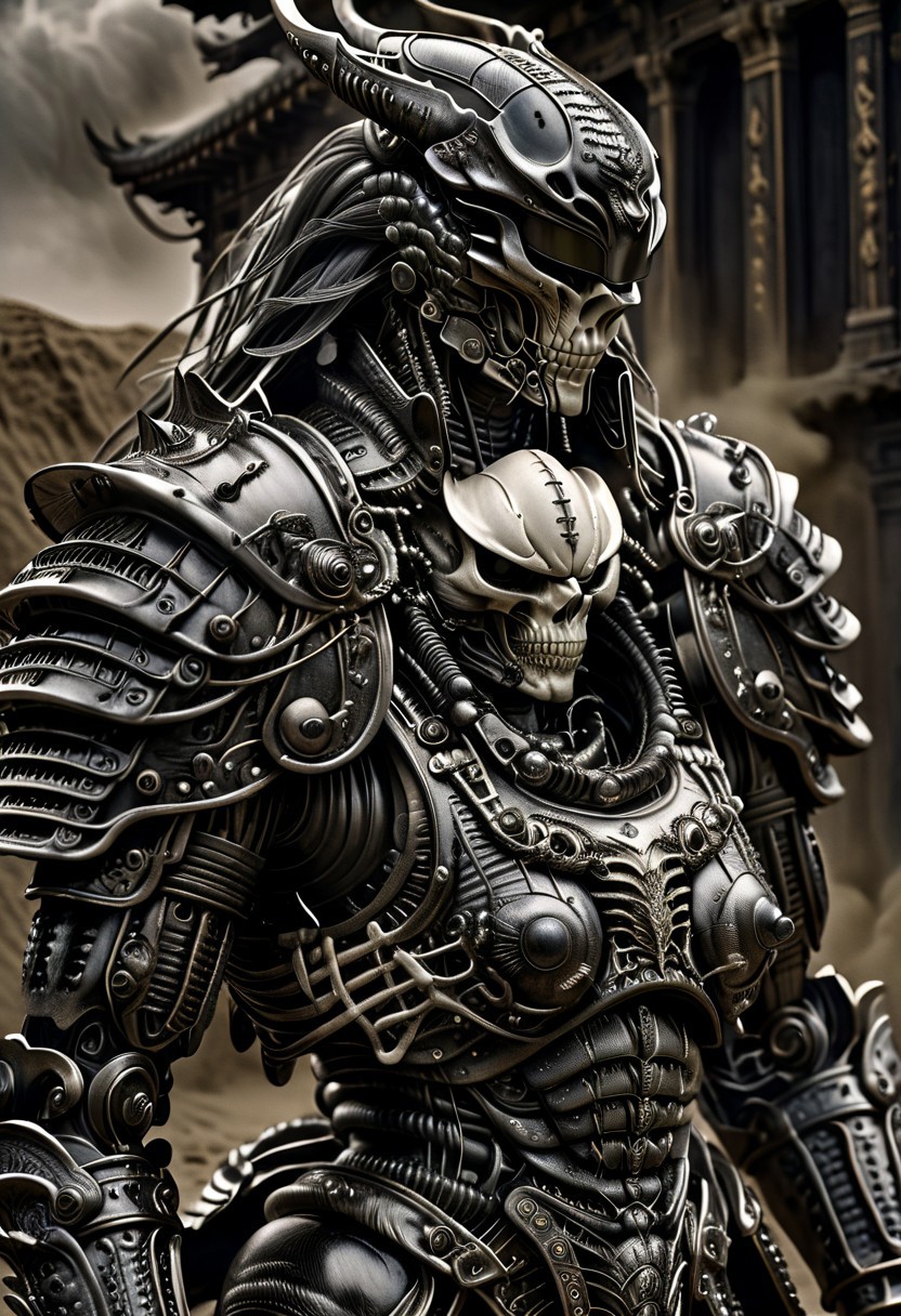 stunning, magnificent, HD, photorealistic, samurai, dramatic lighting, solo, standing alone in a desert, intricate details, intricate armor, intense gaze, mythical, legendary, powerful, ((dark, evening)), cinematic, close-up, art by hr giger,
 armor, science fiction, no humans,
 vintage painting,painting,realism,Americana art,artistic style