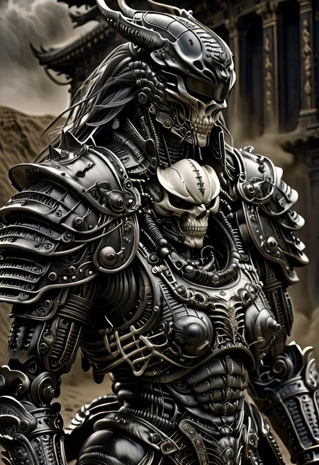 stunning, magnificent, HD, photorealistic, samurai, dramatic lighting, solo, standing alone in a desert, intricate details, intricate armor, intense gaze, mythical, legendary, powerful, ((dark, evening)), cinematic, close-up, art by hr giger,
armor, science fiction, no humans,
vintage painting,painting,realism,Americana art,artistic style