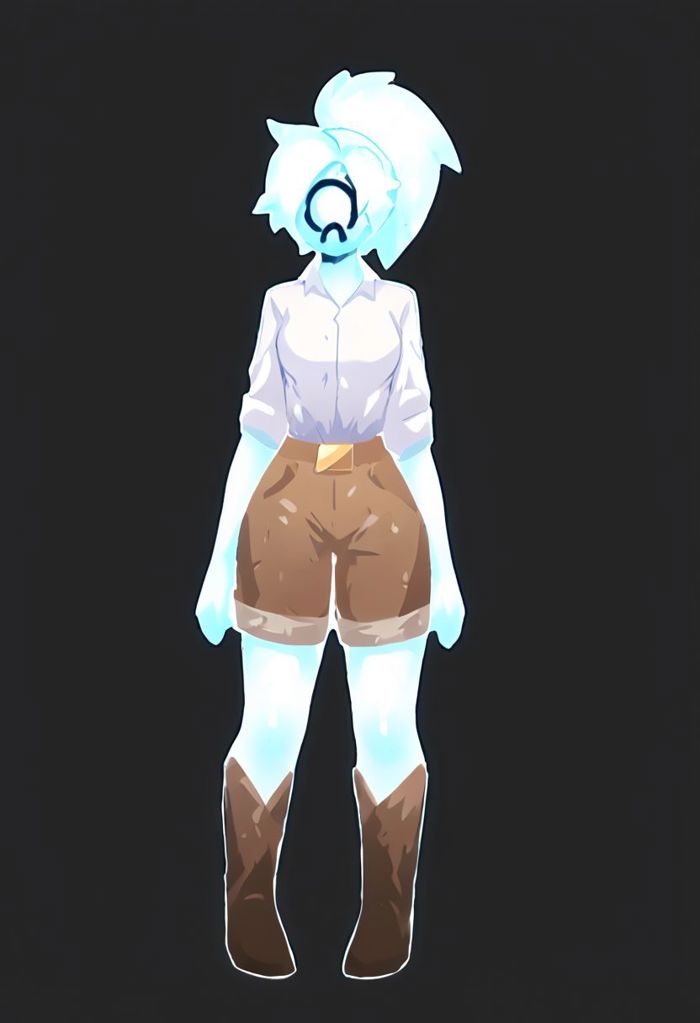 Novakid, 1girl, solo, omega symbol on face, faceless, no eyes, no mouth, no nose, no facial features, white fiery hair, long fiery hair, body made of plasma, white plasma, white skin, white shirt, standing, ponytail, facing viewer, full body, black background, simple background,
