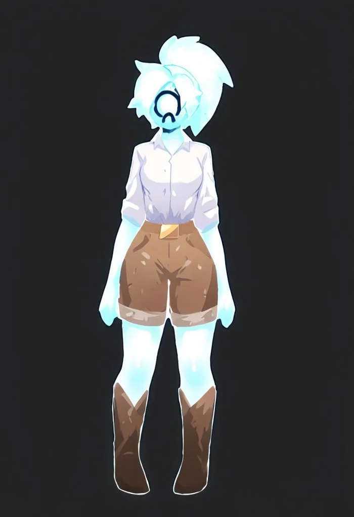 Novakid, 1girl, solo, omega symbol on face, faceless, no eyes, no mouth, no nose, no facial features, white fiery hair, long fiery hair, body made of plasma, white plasma, white skin, white shirt, standing, ponytail, facing viewer, full body, black background, simple background,