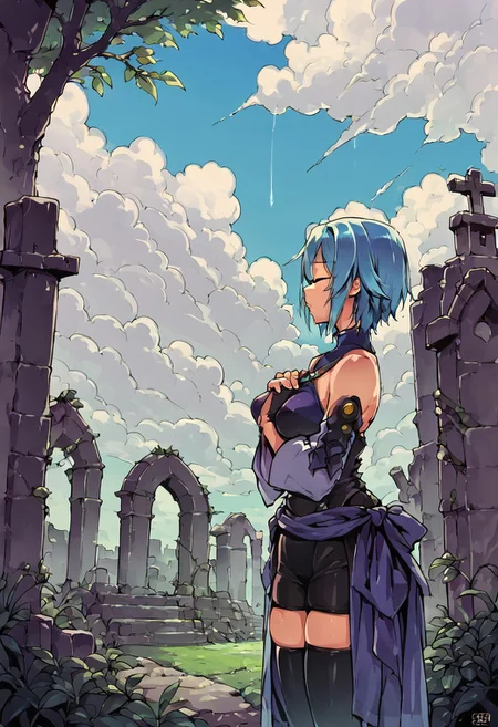 score_9, score_8_up, solo focus, solo, aqua, outdoors, wide hips, narrow waist, skindentation, thigh highs, closed mouth <lora:AquaSDXL:1> , takeda hiromitsu style, solo, graveyard, praying, closed eyes, rain, outdoors, cloudy sky, leaf, ruins, sunbeam, on her knees, side view,