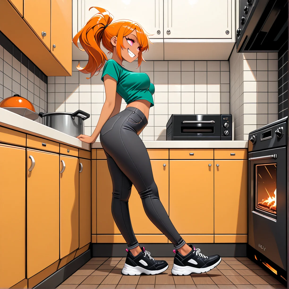 masterpiece, best quality, absurdres,
WVicky, standing, pink eyes, smile, evil look, orange hair,
Vicky shoes, Vicky shirt, Vicky pants,
from side, solo, full body focus,
kitchen, tiled floor, oven, counter,