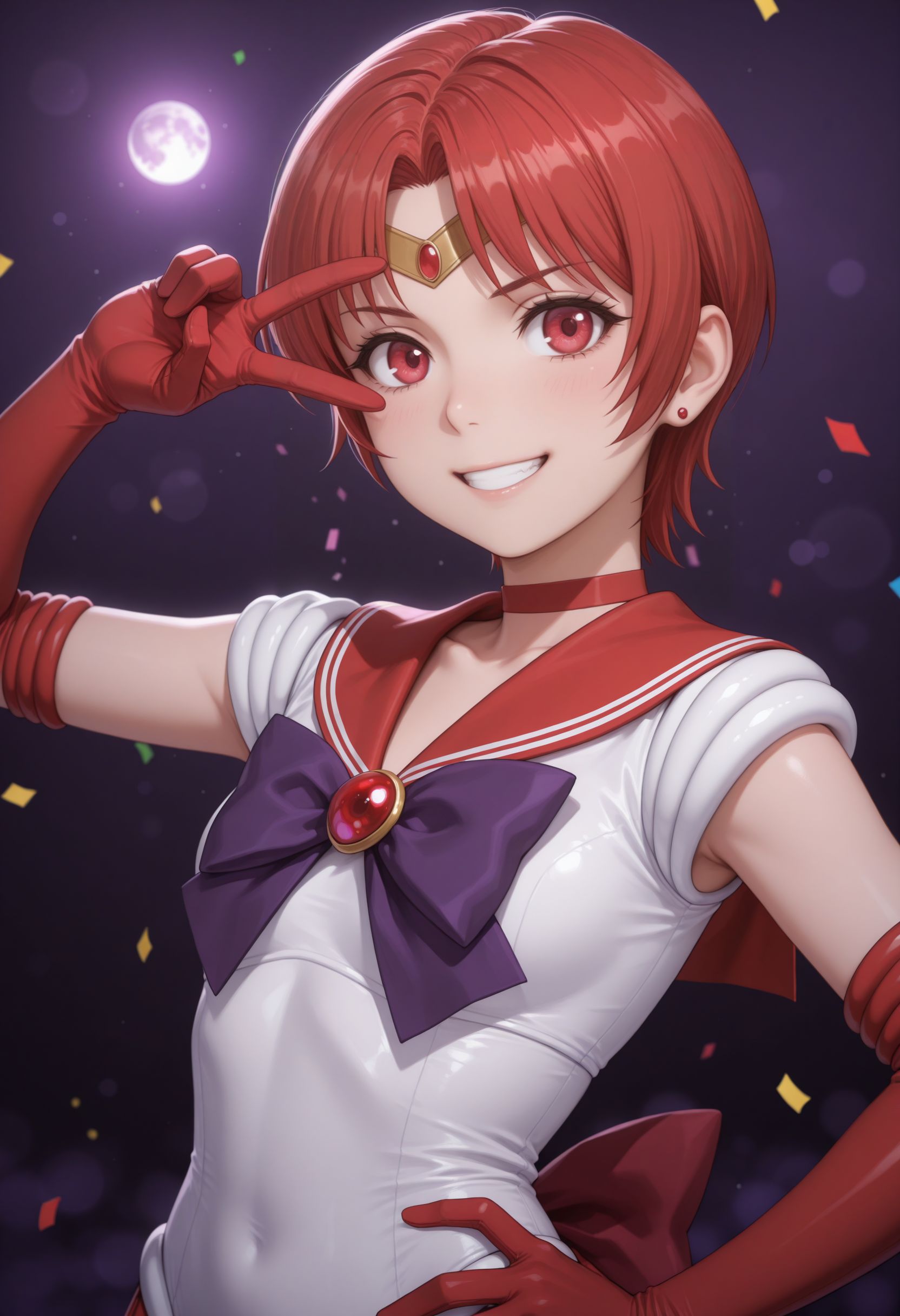 masterpiece,best quality,absurdres,highres,very aesthetic,high quality,detailed,insanely detailed,beautiful,perfect lighting, ,depth of field,blurry background,bokeh, 
 <lora:Izumi Rita Illu :1> 1girl, short hair, red hair, , red eyes, 
sailor mars (cosplay), grin, blue skirt, white leotard, red sailor collar, brooch, red gloves, elbow gloves, circlet, v over eye, looking at viewer, back bow, hand on own hip, moon, dark background, purple background, confetti, stars close portait, upper body, smile,
