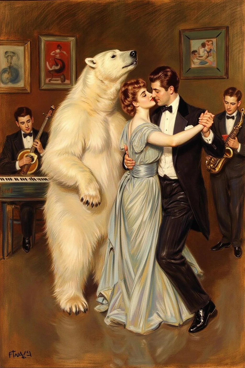 paulcesarhelleu1 illustration of a man and a woman dancing with a polar bear at a jazz club. A band is playing in the background.
<lora:paulcesarhelleu1_cap_d6a3e11:0.8><lora:844406870077627188:0>