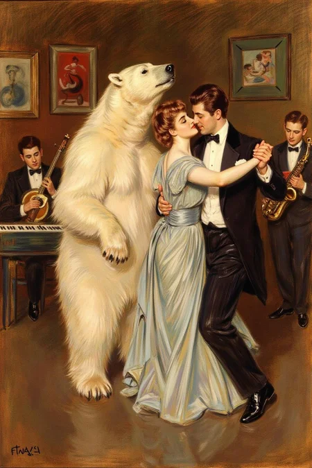paulcesarhelleu1 illustration of a man and a woman dancing with a polar bear at a jazz club. A band is playing in the background.
<lora:paulcesarhelleu1_cap_d6a3e11:0.8><lora:844406870077627188:0>