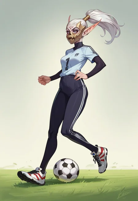 score_9, score_8_up, score_7_up, full body,
DreadLord, elf, woman, solo, pale gray skin, white hair, helmet, mask,
playing soccer, soccer uniform, soccer field,
<lora:Dark_Elf_Dreadlord_PonyXL_Total_War_Warhammer:0.6>