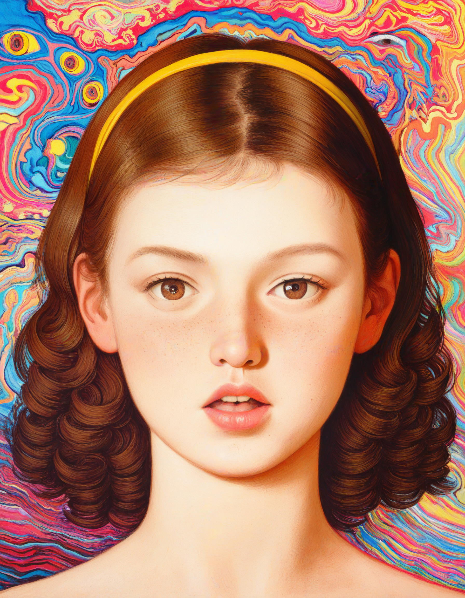 by thoma, 1girl, curly-hair, brown-hair, brown-eyes, pink-lips, freckles, parted-lips, yellow-hairband, multiple-hairpins, makeup, straight-on, abstract, psychedelic, close-up, traditional-media, newest, masterpiece, best quality, absurdres, highres, general