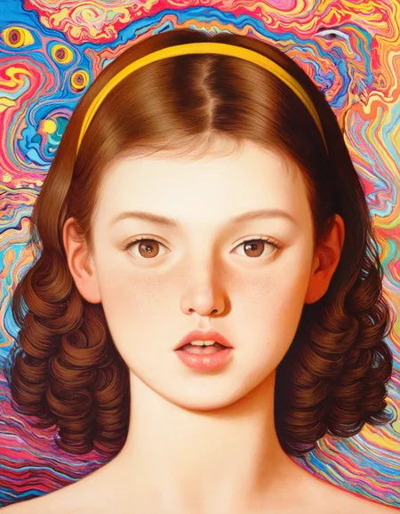 by thoma, 1girl, curly-hair, brown-hair, brown-eyes, pink-lips, freckles, parted-lips, yellow-hairband, multiple-hairpins, makeup, straight-on, abstract, psychedelic, close-up, traditional-media, newest, masterpiece, best quality, absurdres, highres, general