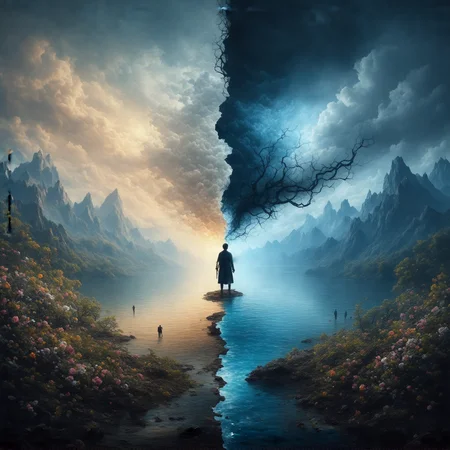 A highly detailed, surreal landscape split into contrasting halves, symbolizing the mental struggle between light and darkness. On one side, a serene, luminous realm filled with soft, warm colors, calming waters, blooming flowers, and gentle rays of sunlight breaking through clouds, symbolizing peace and clarity. On the other side, a dark, chaotic scene with stormy skies, jagged mountains, twisted trees, and shadowy figures, evoking fear, confusion, and despair. At the center, a lone figure stands on the divide, reaching out toward the light while held back by dark tendrils from the shadowy side, their face reflecting intense conflict and determination. The scene has a painterly, dramatic look, with intense contrasts in lighting and atmosphere, capturing the essence of the internal struggle for maintaining sanity.
