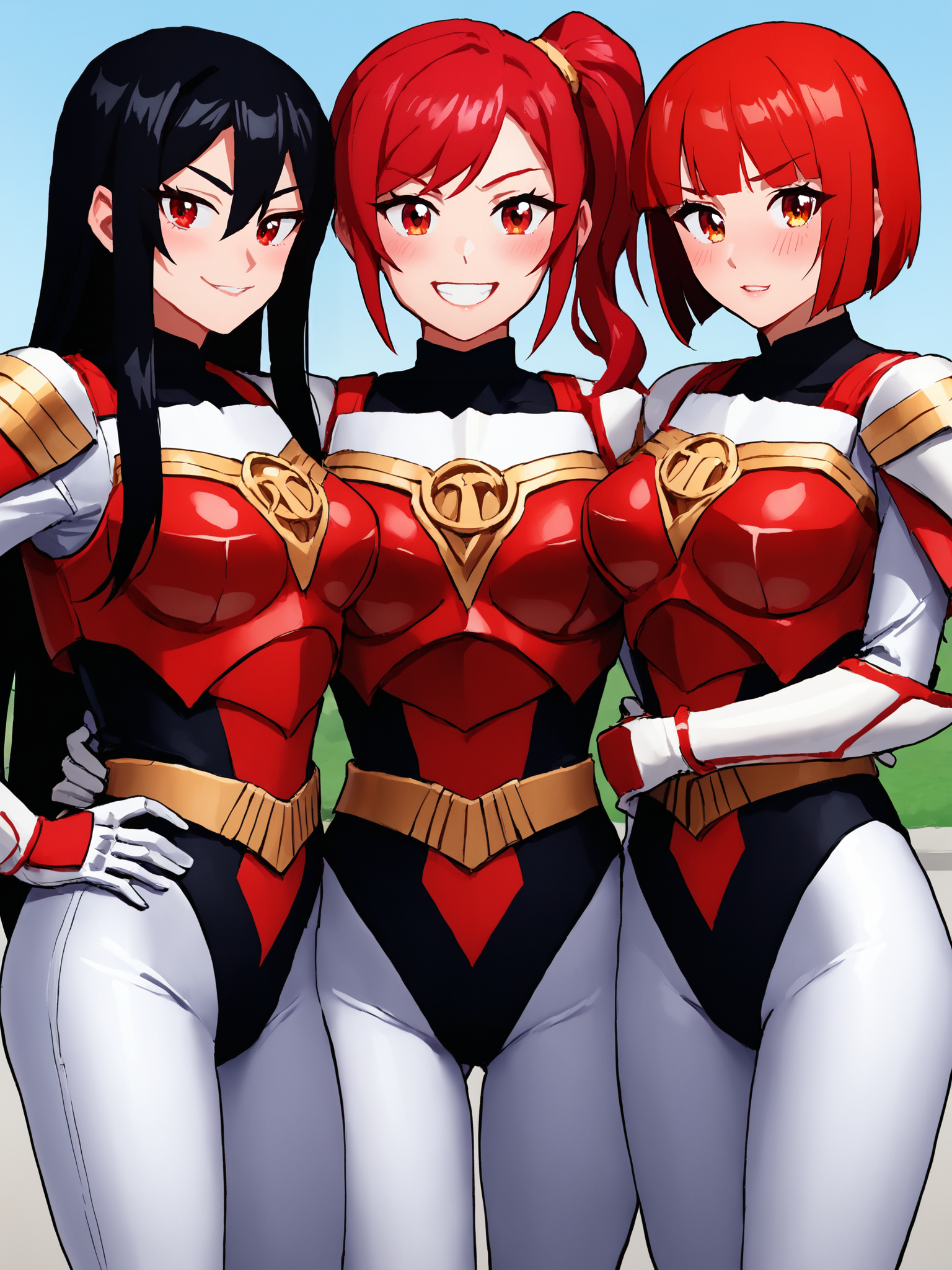 score_9, score_8_up, score_7_up, source_anime, zPDXL, zPDXLpg, <lora:offset_0.2:0.1>, <lora:spo_sdxl_10ep_4k-data_lora_webui:1>, 3girls, sazermithras, (white bodysuit:1.1), black leotard, belt, armor, white gloves, gauntlets, <lora:Sazer_Mithras:1>, standing, side-by-side, looking at viewer, cowboy shot, outdoors, city, street, hands on another's waist, ass visible through thighs, thick thighs
3girls, black hair, very long hair, hair between eyes, red eyes, confident, blush, smile, hand on own hip
3girls, red hair, swept bangs, (side ponytail:1.2), sidelocks, red eyes, smile, blush, teeth
3girls, red hair, blunt bangs, bob cut, blunt ends, yellow eyes, embarrassed, blush, crossed arms