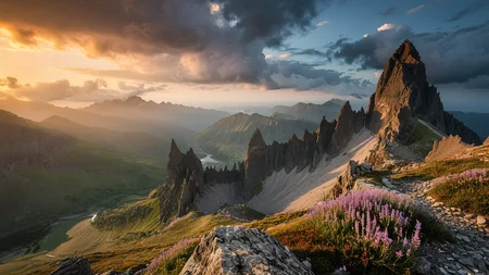 masterpiece,best quality,amazing quality,high resolution,ultra-detailed,absurdres,HDR,8K,high contrast,realistic,muted lithing,sharp focus,fine details,
A cinematic landscape photography of the view On a jagged peak surrounded by a sea of swirling clouds where sharp stone spires pierce the sky. At summer dawn, soft peach light grazes wind-scoured rock, distant ridges glow lavender, and the air tastes of cold stone. ,