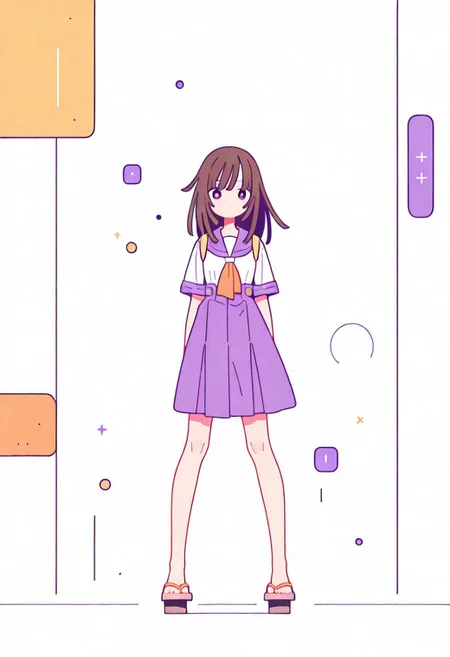Flatline, Flat vector illustration, looking at viewer, full_body,
nadeko, long hair, long bangs, brown hair, school_uniform, sailor,
slim, slender, knees, long legs, beautiful legs, barefoot, geta wooden sandals,
from front, front view, straight-on, look at viewer, standing, (legs apart:1.4),
white background,
