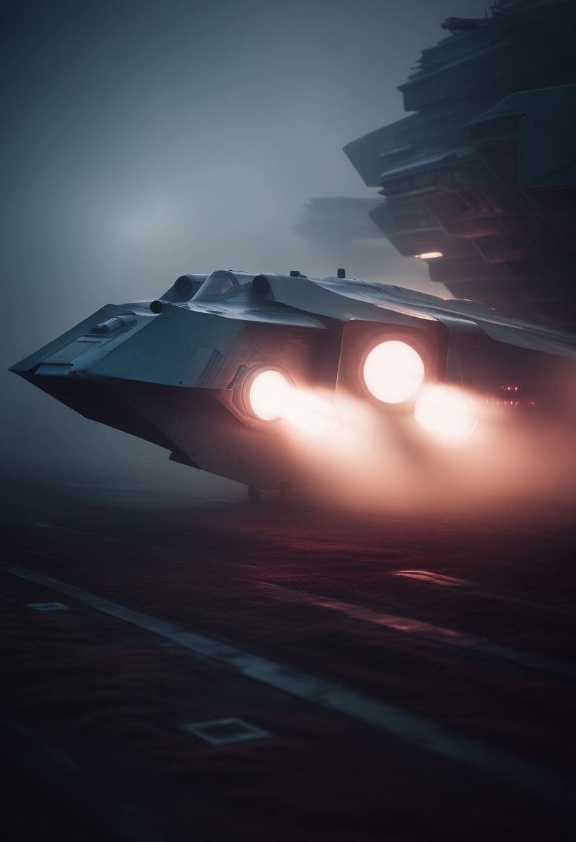 closeup shot of fight aircraft, in futuristic and sci-fi city, during twilight, dramatic, moddy, misty environment, low contrast muted colour tones, shot on a 500mm zoom lens, with a extreme shallow depth of field, creating a dreamy lens flare, shrouded in atmospheric fog, cinematic masterpiece, film noir asthetic, inspired by Christopher Nolan