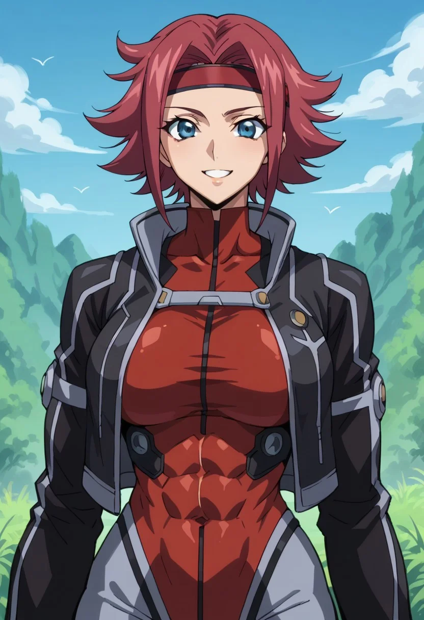 score_9, score_8_up, score_7_up, score_6_up, BREAK, 
1girl, solo, red hair, short hair, blue eyes, large breasts, Black jacket, red headband, body suit, pilot suit,
torso, beautiful face, (revealing clothes), (tight outfit: 1.3), tall girl, sexy smile, abs, very fit, muscles, toned, huge breasts, slut, whore, round breasts, breasts together,