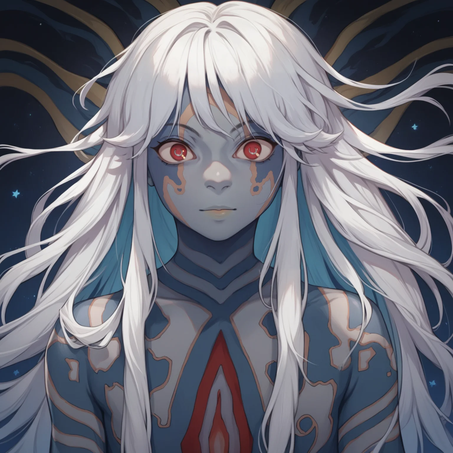 score_9, score_8_up, score_7_up, score_6_up, source_anime, best quality, anime, BREAK <lora:Puparia:1> puparia, 1girl, feminine, petite, solo, white hair, long hair, flowing hair, symbol shaped pupils, blue u-shaped pupils, red eyes, grey skin, blue tattoos, muted colors, complex tattoo extending from chest to lower abdomen with red and grey colors, looking at viewer