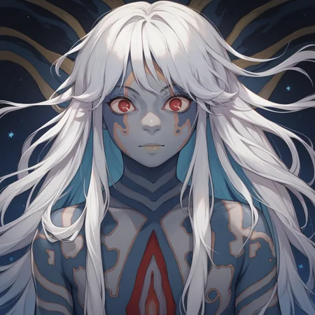 score_9, score_8_up, score_7_up, score_6_up, source_anime, best quality, anime, BREAK <lora:Puparia:1> puparia, 1girl, feminine, petite, solo, white hair, long hair, flowing hair, symbol shaped pupils, blue u-shaped pupils, red eyes, grey skin, blue tattoos, muted colors, complex tattoo extending from chest to lower abdomen with red and grey colors, looking at viewer
