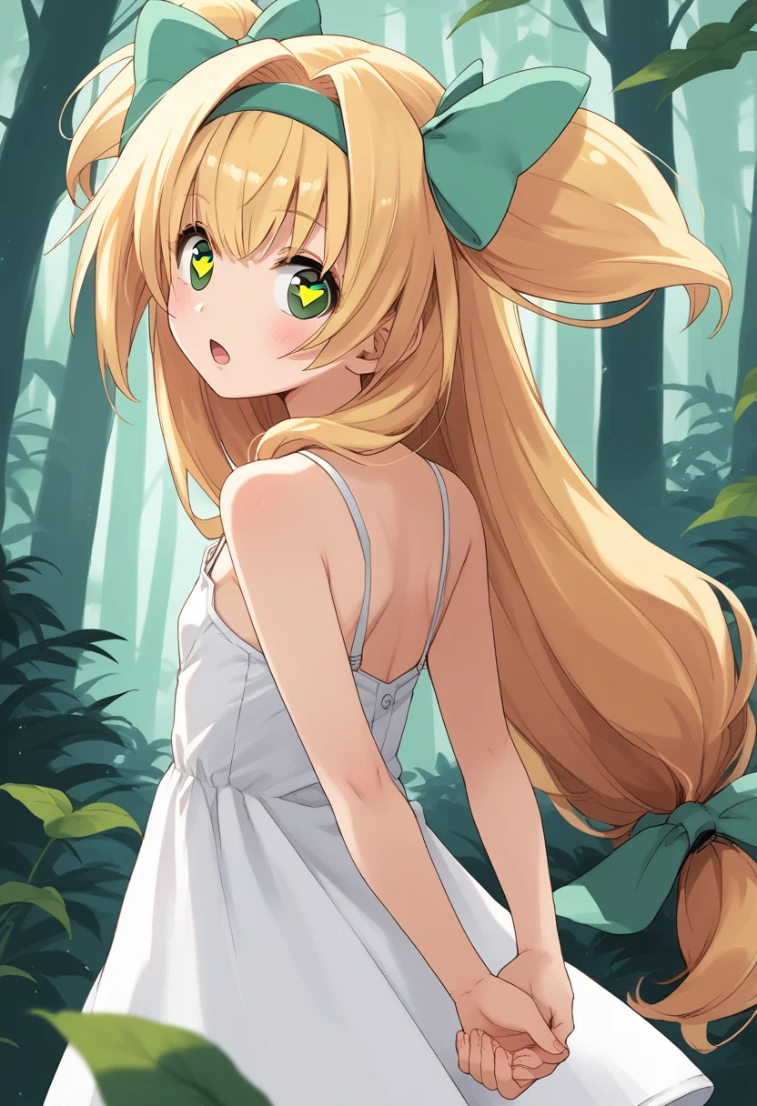 score_9, score_8_up, score_7_up, source_anime BREAK 1girl, solo, <lora:bb_platinum:0.9>, bb_platinum, from side, white sundress, bare shoulders, blonde hair, hair intakes, bangs, green hair bow, green hairband, long hair, low-tied long hair, quad tails, two side up, green eyes, heart-shaped pupils, looking at you, open mouth, arms behind back, forest, <lora:zy_Detailed_Backgrounds_v1:0.5>