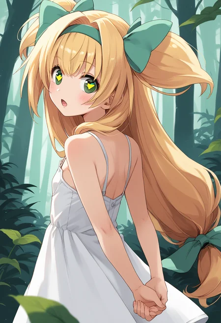score_9, score_8_up, score_7_up, source_anime BREAK 1girl, solo, <lora:bb_platinum:0.9>, bb_platinum, from side, white sundress, bare shoulders, blonde hair, hair intakes, bangs, green hair bow, green hairband, long hair, low-tied long hair, quad tails, two side up, green eyes, heart-shaped pupils, looking at you, open mouth, arms behind back, forest, <lora:zy_Detailed_Backgrounds_v1:0.5>