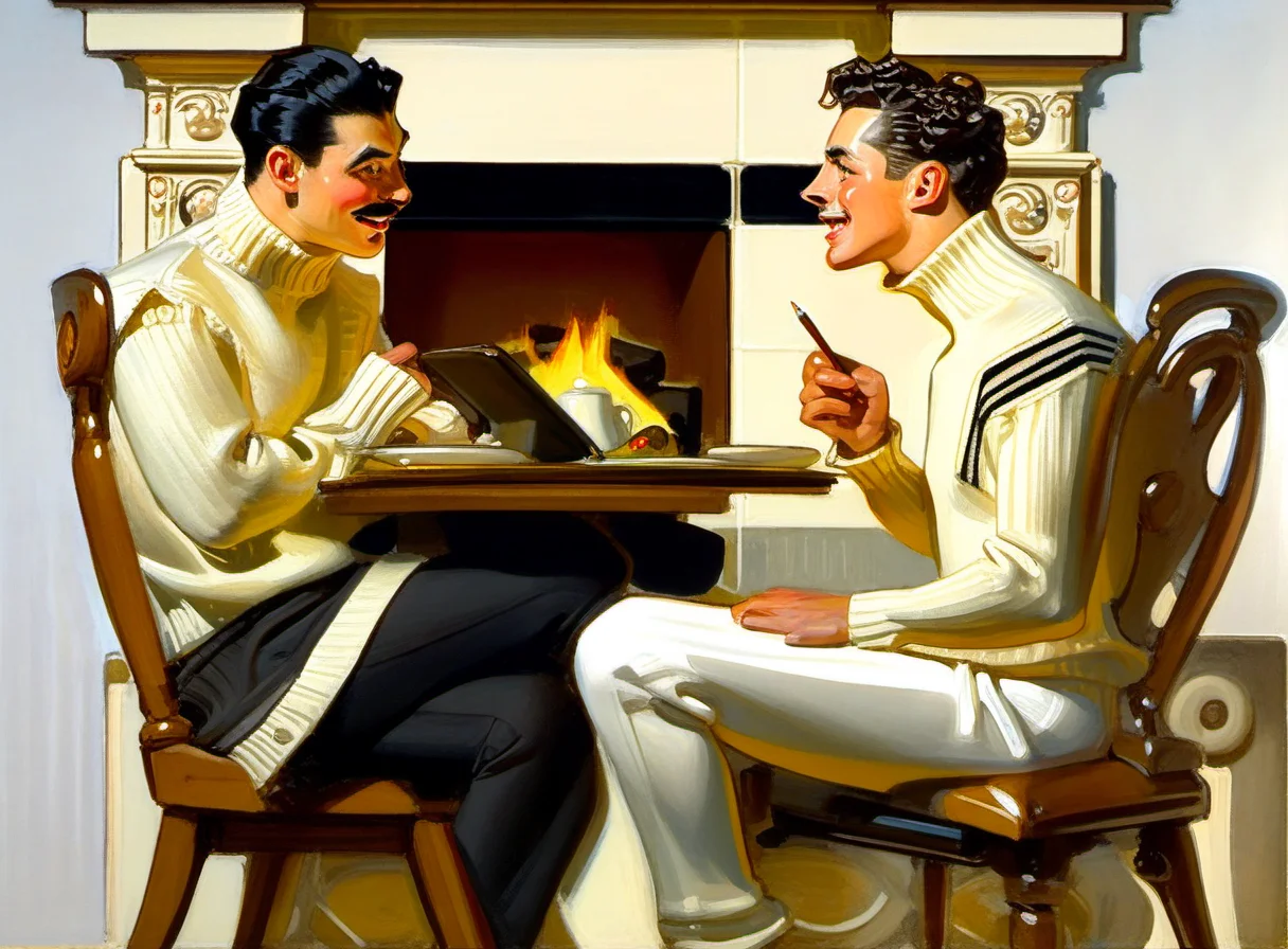 <lora:j_c_leyendecker_style_v3:1>leyendecker, masterpiece, best quality, very aesthetic, absurdres, two men, black hair, slicked back hair, blonde, curly hair, short hair, pencil mustache, talking, open mouth, looking at each other, gossiping, smile, long pants, white ribbed sweater, (black leggings:0.5), dramatic, masterpiece, indoors, cute, table, fireplace