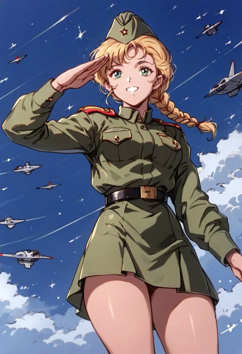 score_9, score_8_up,score_7_up, score_6_up, 1girl, pretty blonde girl, Soviet Military uniform, blue Soviet garrison cap, belt, blond, braided hair, salute, look at the viewer, smile, skirt, green eyes, from below, blue sky background, warplanes, warplanes flying in sky, detailed face, 1girl, 1980s_\(style\),