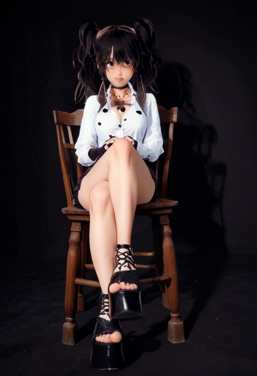 score_9, score_8_up, score_7_up, 
dark background, low angle view,
sitting on chair, crossed legs, closed legs, legs together, knees together, feet together, posing for photo,
1girl, kaori_kadowaki, cleavage, busty, 
tattoo, 
twintails, 
heterochromia, blue eyes, 
long thin legs,
choker,
open white shirt, fingerless gloves, skirt,
thighhighs, platform shoes,
timid, blushing,