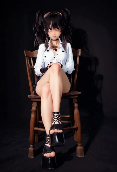 score_9, score_8_up, score_7_up,
dark background, low angle view,
sitting on chair, crossed legs, closed legs, legs together, knees together, feet together, posing for photo,
1girl, kaori_kadowaki, cleavage, busty,
tattoo,
twintails,
heterochromia, blue eyes,
long thin legs,
choker,
open white shirt, fingerless gloves, skirt,
thighhighs, platform shoes,
timid, blushing,