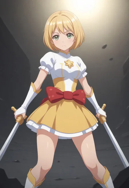 (outdoor, rubble, fantasy background, dim lighting:1.5),
8k, super high vision:, intricate details, Super high quality, Super high resolution, masterpiece, full color, (anime art, anime screencap:1.5),
super cute girl, super cute face,
narrow waist, top heavy, tiny hips, small hips, skinny, tiny hips, hips, thigh, thighs,
(brave perspective, holding sword, hold with both hands, hold a weapon in both hands, thunder sword, 1sword, weapon bearer, dynamic:1.5),
(magical girl, short sleeve, skirt, knee socks:1.5),
(beautiful breasts, medium breasts:1.5),
(1girl, soro:1.5),
(Ruruka, short hair, blonde hair, short girl, petite, cowboy shot:1.5),