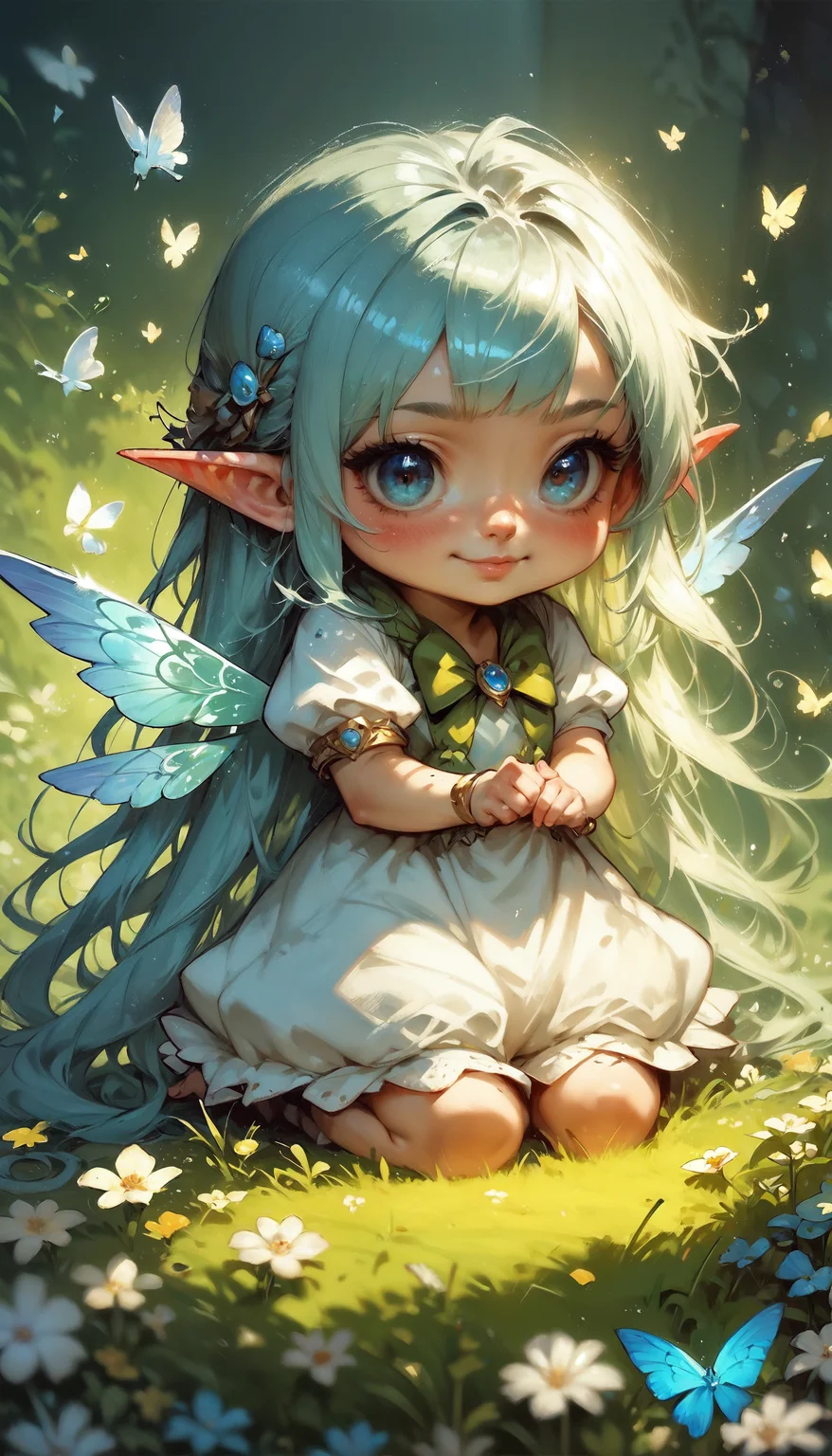 score_9, score_8_up, score_7_up,  source_anime, cute tiny fairy, very small girl, little girl, wings, 1girl, cute, long hair, kneeling on grass, Chibi Art Style, low light,      <lora:Expressive_H-000001:0.8>, expressiveH     <lora:Fant5yP0ny:0.9> <lora:Pony_DetailV1.0:0.9> <lora:Vikings_Cutie_Chibi_Style-000001>