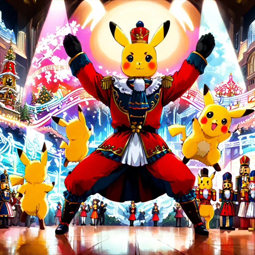 nutcracker, DetectivePikachu1024, retanime, Mike Deodato, midjourneyv6.1, hyper-detail, hyper-realism, cinematic, intricate detail, detailed background, masterpiece, best quality, high quality, highres, absurdres, very detailed, high resolution, sharp, sharp image, aesthetic, Score_9, score_8_up, score_7_up, score_6, source_anime, vibrant, colorful, retro_artstyle, 1990s_(style), Pikachu dressed and dancing like a nutcracker in a musical