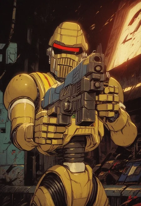 score_9, score_8, score_7, score_6, 1boy, solo, knva, retro artstyle, science fiction, Rob64, spaceship, dynamic pose, evil face, (((gun, sci-fi gun)))