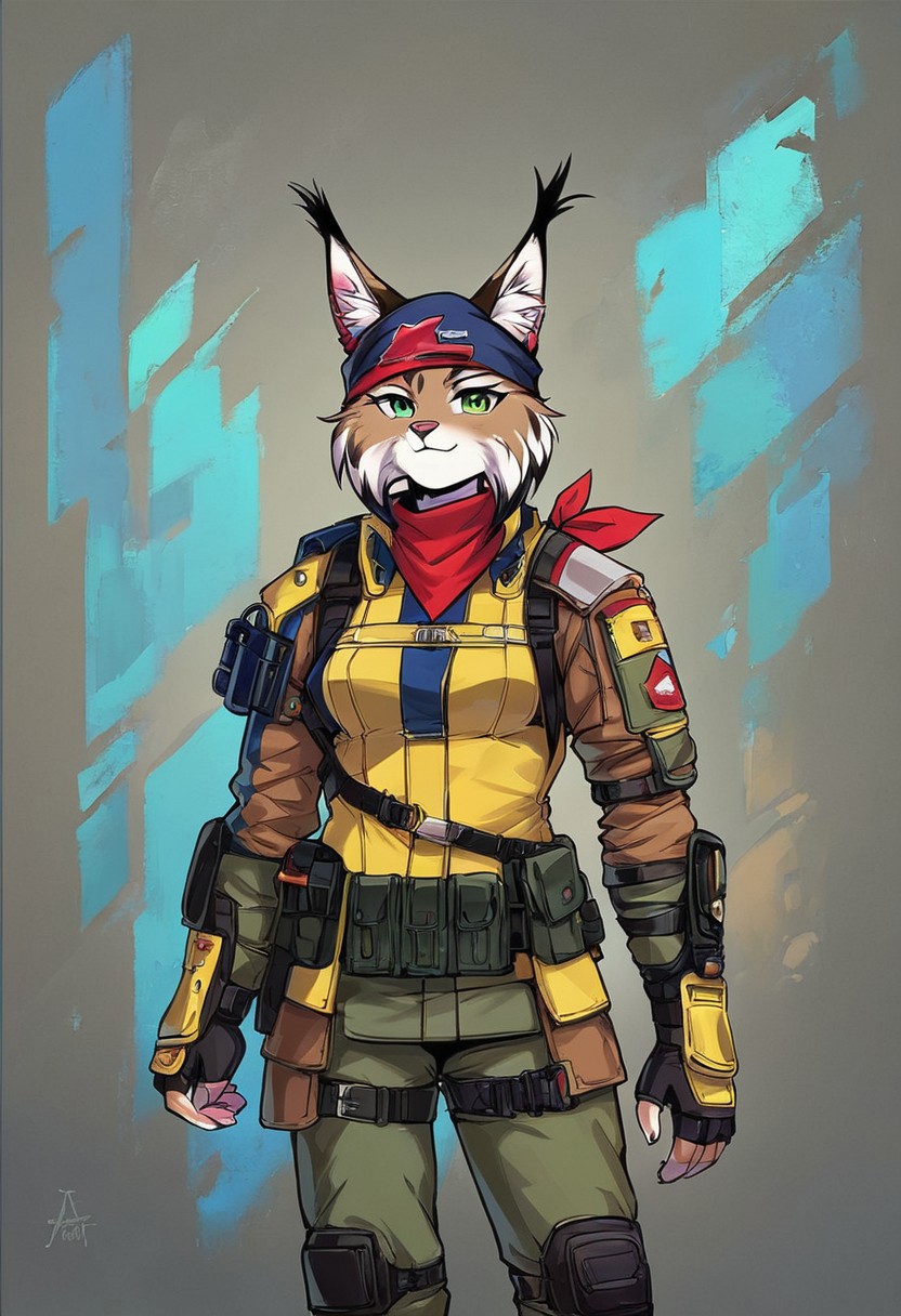 Score 9, Score_8_up, Score_7_up, ng_deepnegative_v1_75t, negative_hand, charturnerv2, knee-deep portrait of adult female,  banners, starship, high technology, shirt, fingerless gloves, soldier uniform,, , anime, Arknight provens, detailed background, cyberpunk, bandana,, furry,  lynx species,  lynx tail, lynx ears, muscle,