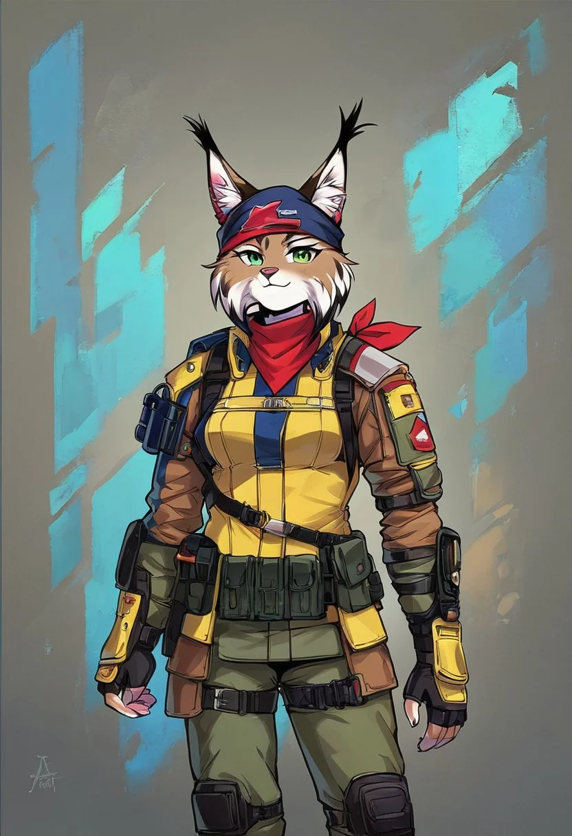 Score 9, Score_8_up, Score_7_up, ng_deepnegative_v1_75t, negative_hand, charturnerv2, knee-deep portrait of adult female, banners, starship, high technology, shirt, fingerless gloves, soldier uniform,, , anime, Arknight provens, detailed background, cyberpunk, bandana,, furry, lynx species, lynx tail, lynx ears, muscle,