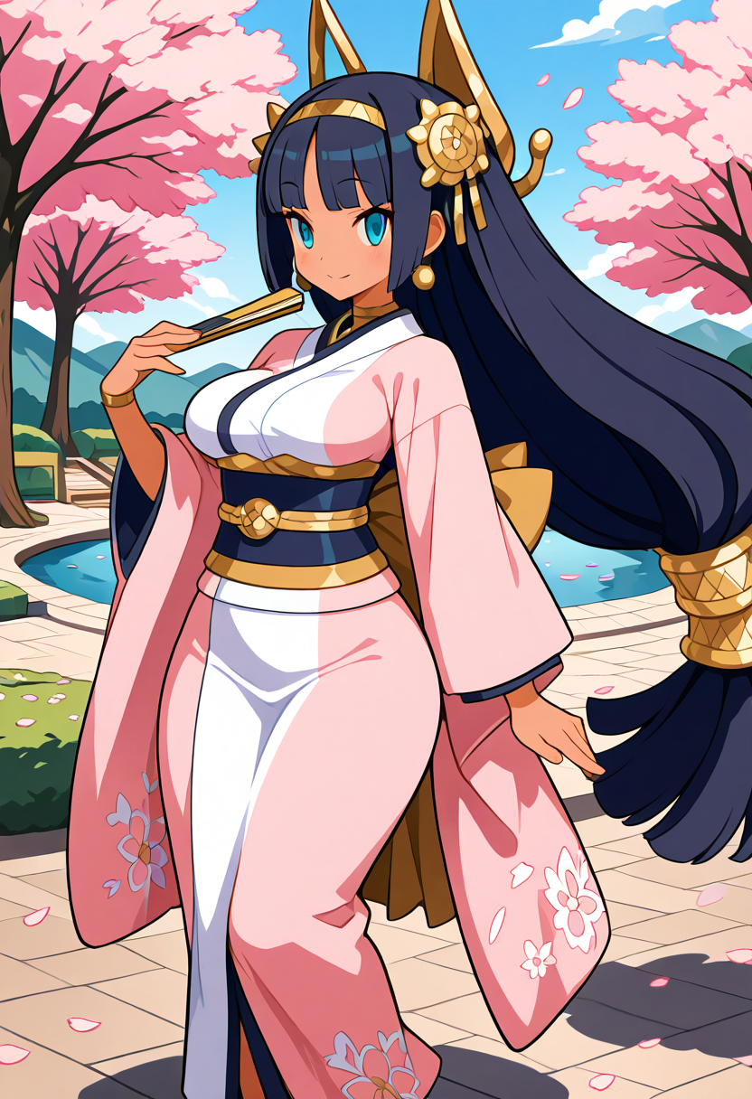 masterpiece, best quality, solo, curvy, beautiful eyes, 1girl, solo, smile, looking at viewer, foreshortening, close up,    h3nn4, aqua eyes, black hair, blunt bangs, hair ornament, hairband, long hair, low-tied long hair, dark skin, earrings, large breasts, wide hips, narrow waist,   <lora:HennaDisgaea_IXL_v1:1.0>,  <lora:HaradaTakehito_NAI:0.5>, [Japanese Cherry Blossom Park], light pink kimono with delicate cherry blossom embroidery, wide obi belt with intricate patterns, white sandals with pink flower detail, elegant folding fan, pearl earrings, standing beneath a blooming sakura tree with petals gently falling, serene park with a koi pond,