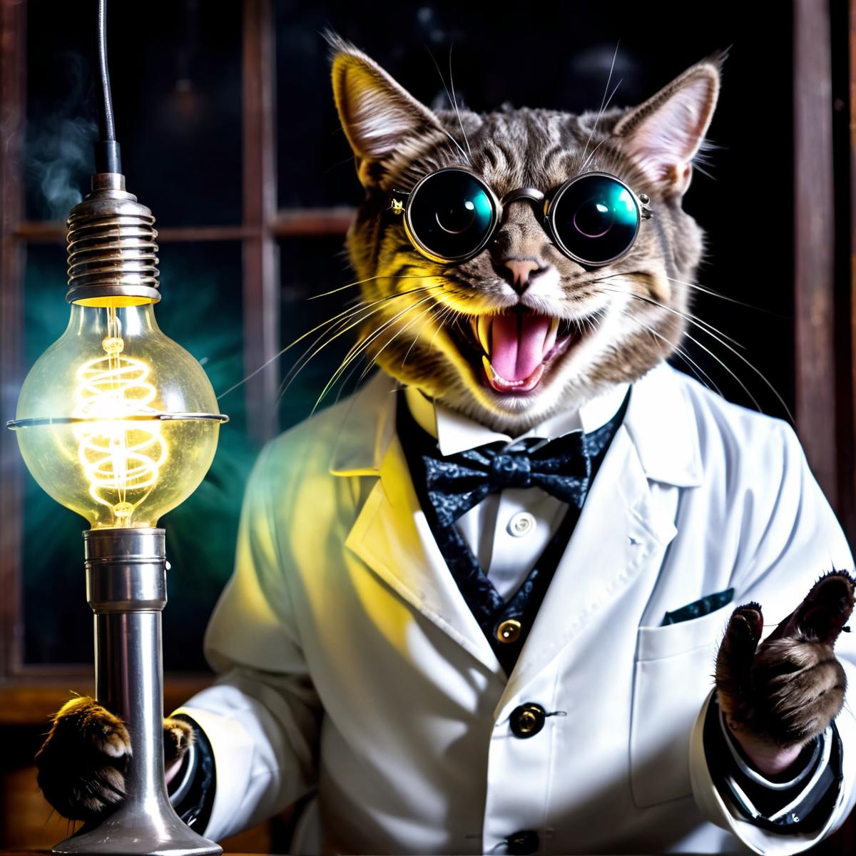 old evil scientist,  (((cat))), psycho, laughing, science coat, dark experiments, electricity sparks, victorian, dark science lab, steampunk sun glasses, dark atmosphere, Homunculus